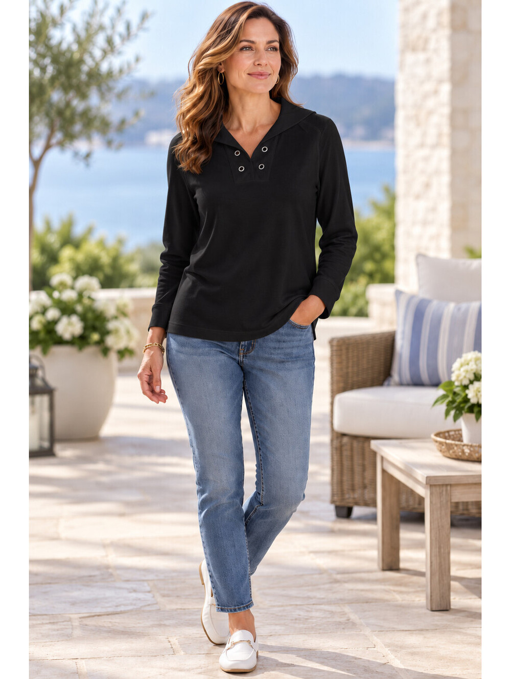 Denim & Co. Active French Terry Long Sleeve Top w/ Grommets Size S